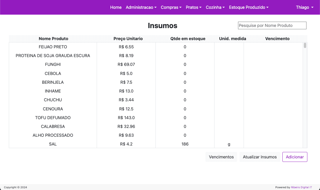 Imagem do sistema e-cozi mostrando a listagem de insumos
